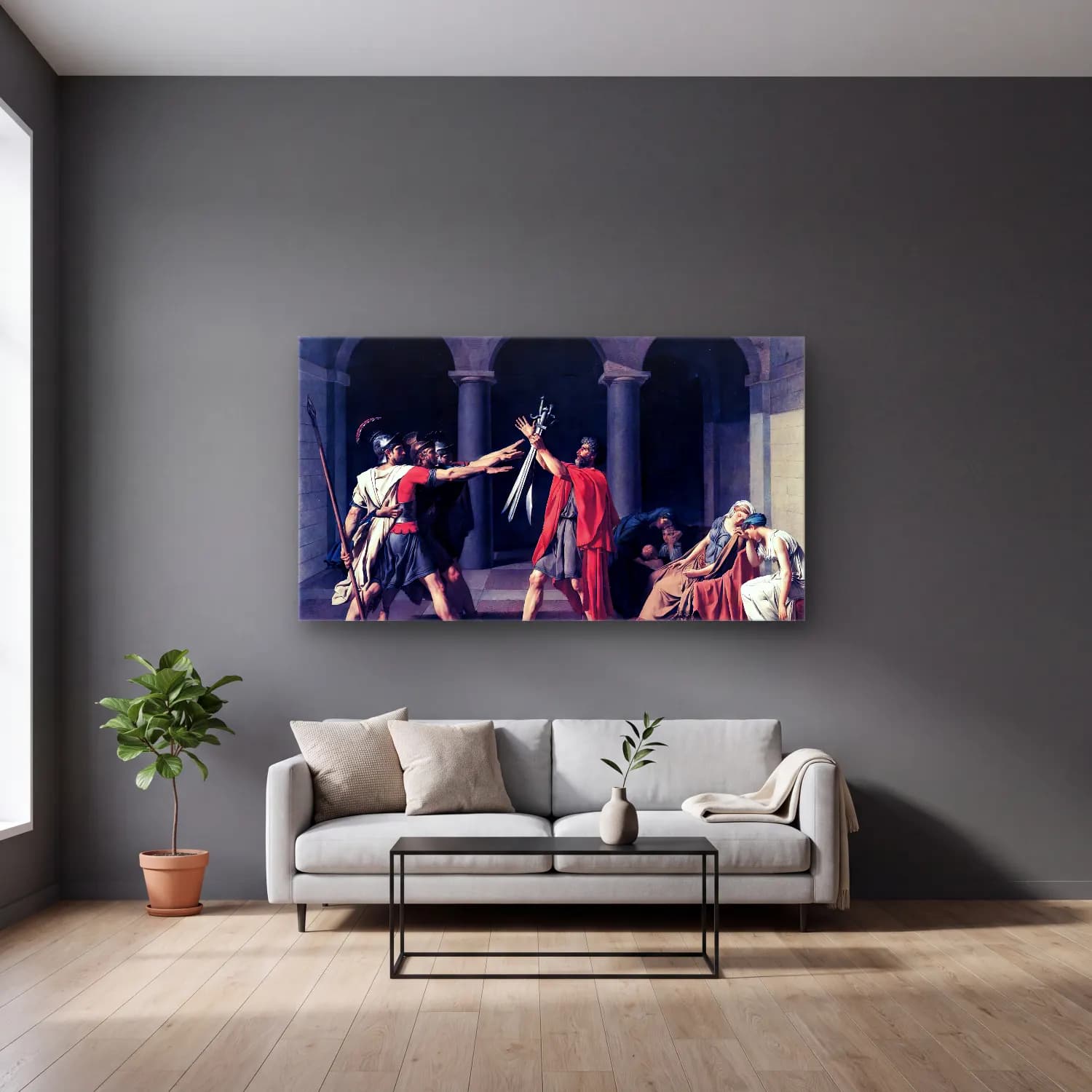 Jacques-Louis David – The Oath of the Horatii cam tablo — gri duvarlı salonda