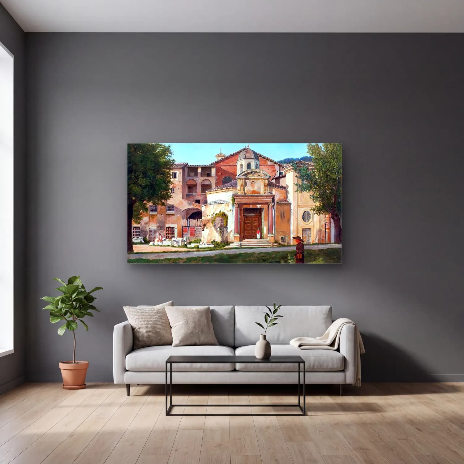 Christoffer Wilhelm Eckersberg – A Section of the Via Sacra, Rome cam tablo — gri duvarlı salonda