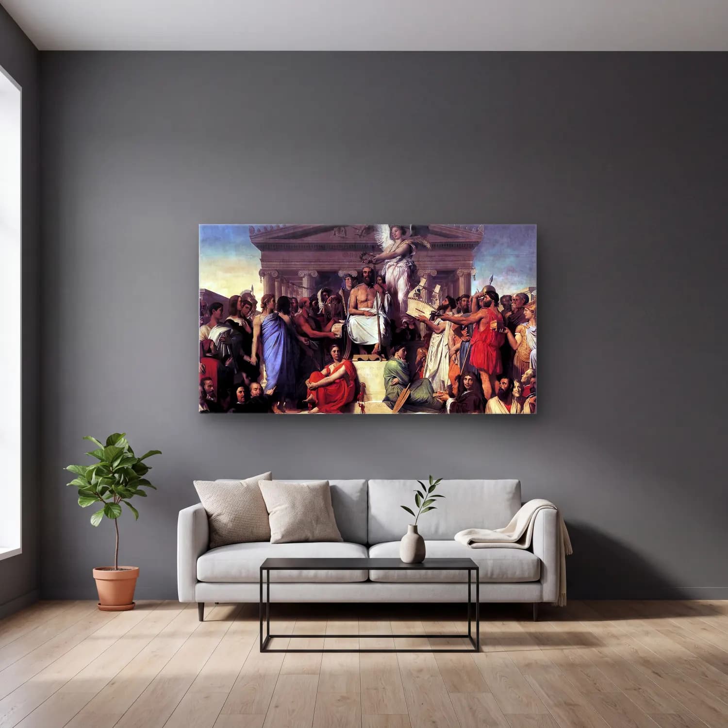 Jean-Auguste-Dominique Ingres – The Apotheosis of Homer cam tablo — gri duvarlı salonda
