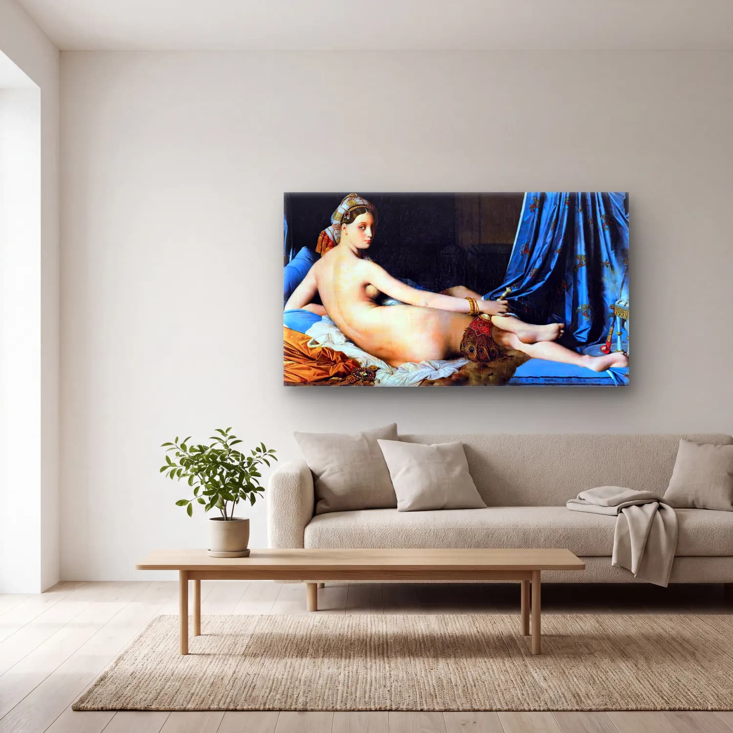 Jean-Auguste-Dominique Ingres – The Grand Odalisque cam tablo — açık renk salonda