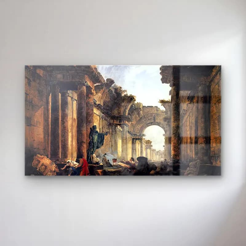 Hubert Robert – Imaginary View of the Grande Galerie in the Louvre in Ruins cam tablo — Hubert Robert – Imaginary View of the Grande Galerie in the Louvre in Ruins — yağlı boya antik kalıntılar