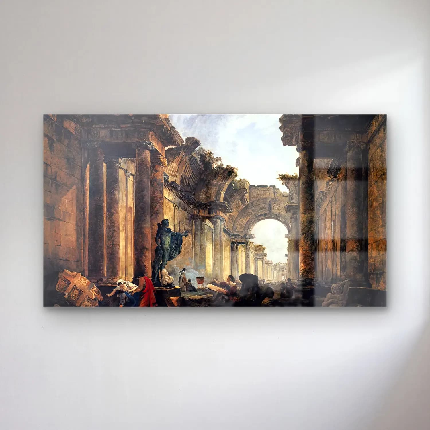 Hubert Robert – Imaginary View of the Grande Galerie in the Louvre in Ruins cam tablo — Hubert Robert – Imaginary View of the Grande Galerie in the Louvre in Ruins — yağlı boya antik kalıntılar