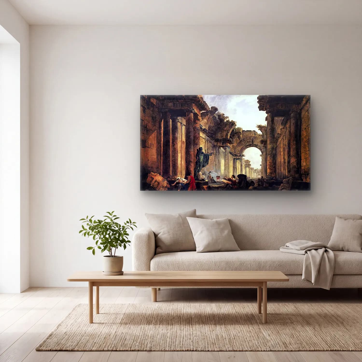 Hubert Robert – Imaginary View of the Grande Galerie in the Louvre in Ruins cam tablo — açık renk salonda