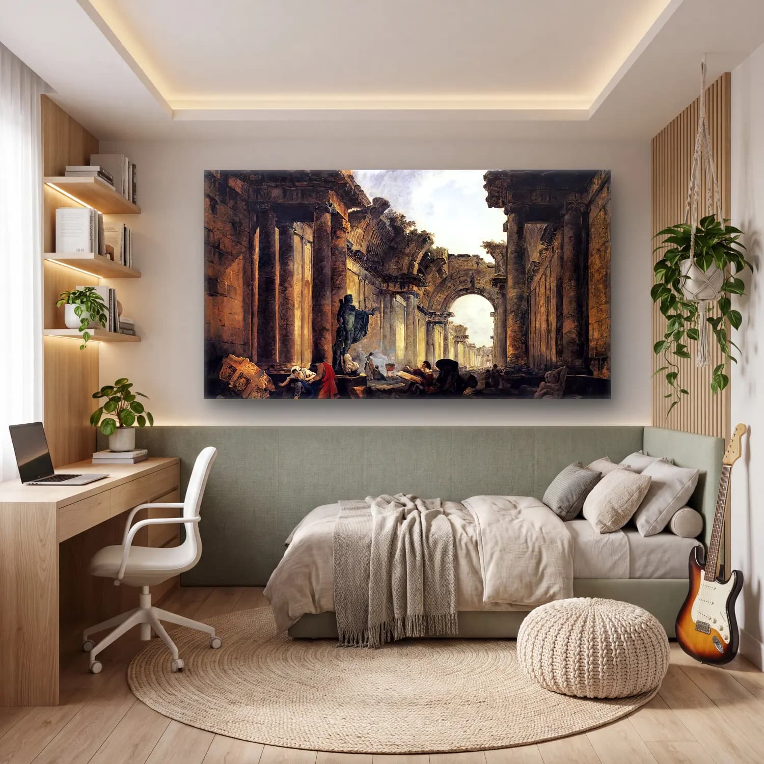 Hubert Robert – Imaginary View of the Grande Galerie in the Louvre in Ruins cam tablo — genç odasında