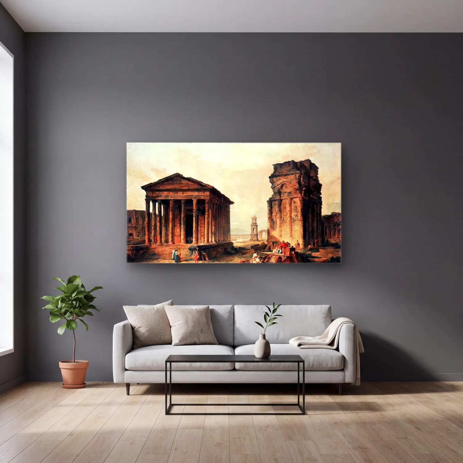 Hubert Robert – Ruins at Nimes cam tablo — gri duvarlı salonda
