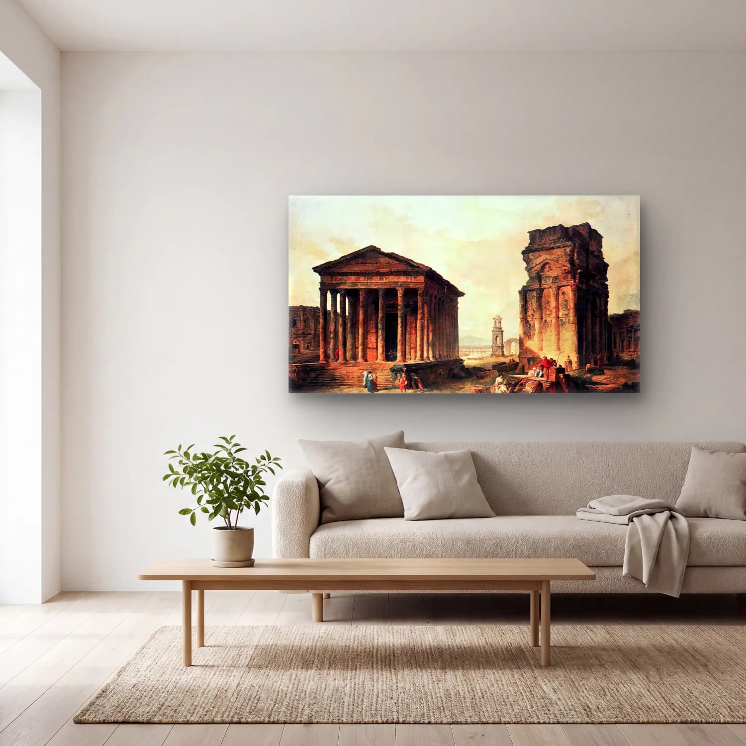 Hubert Robert – Ruins at Nimes cam tablo — açık renk salonda