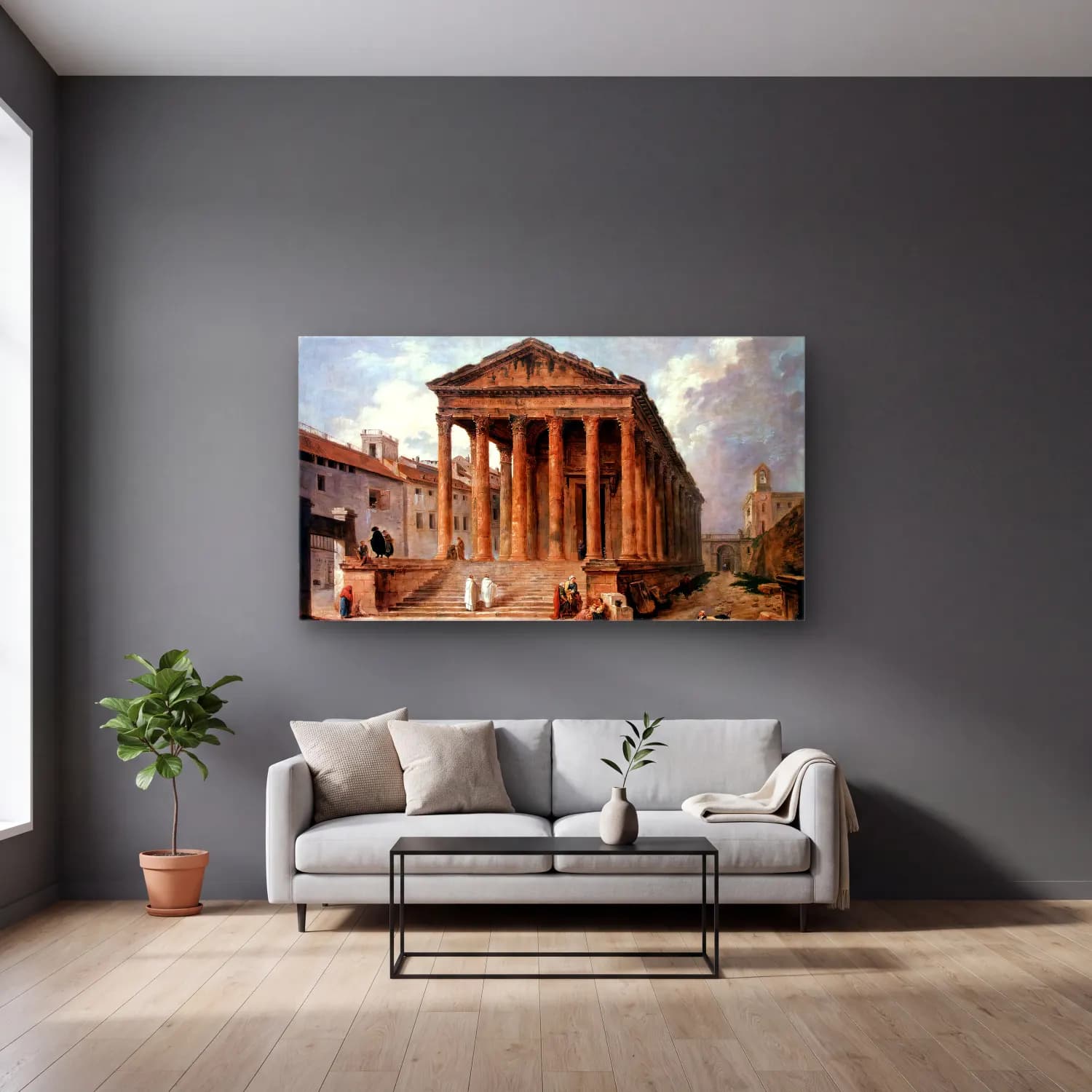 Hubert Robert – The Maison Carée in Nimes cam tablo — gri duvarlı salonda