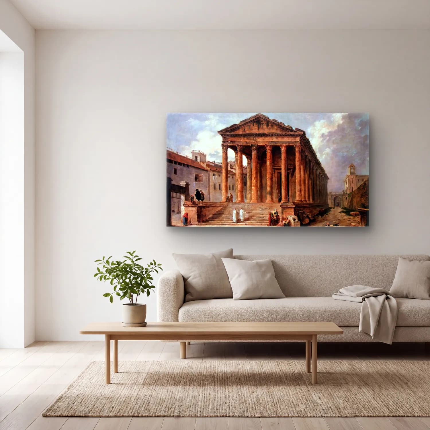 Hubert Robert – The Maison Carée in Nimes cam tablo — açık renk salonda