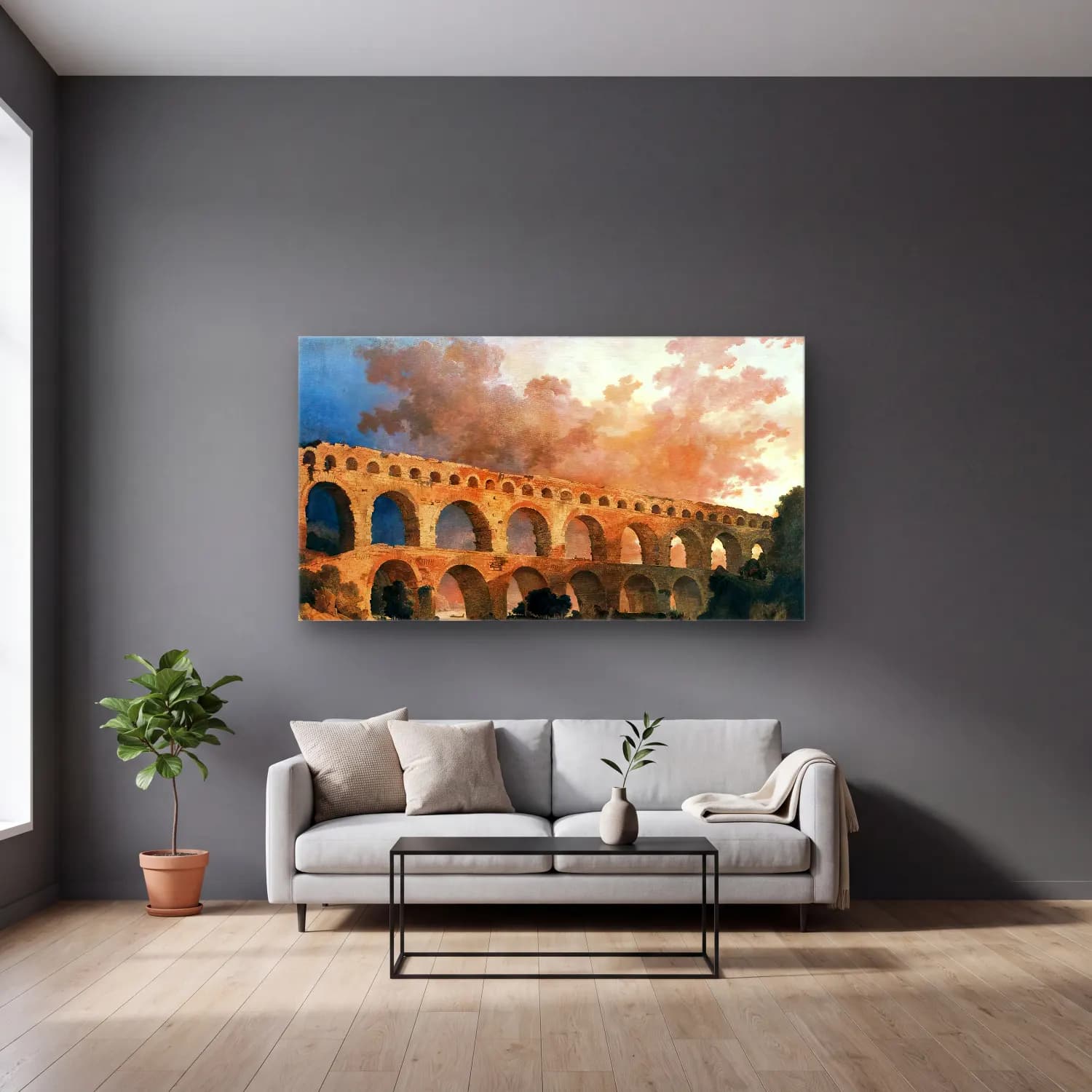 Hubert Robert – The Pont du Gard cam tablo — gri duvarlı salonda