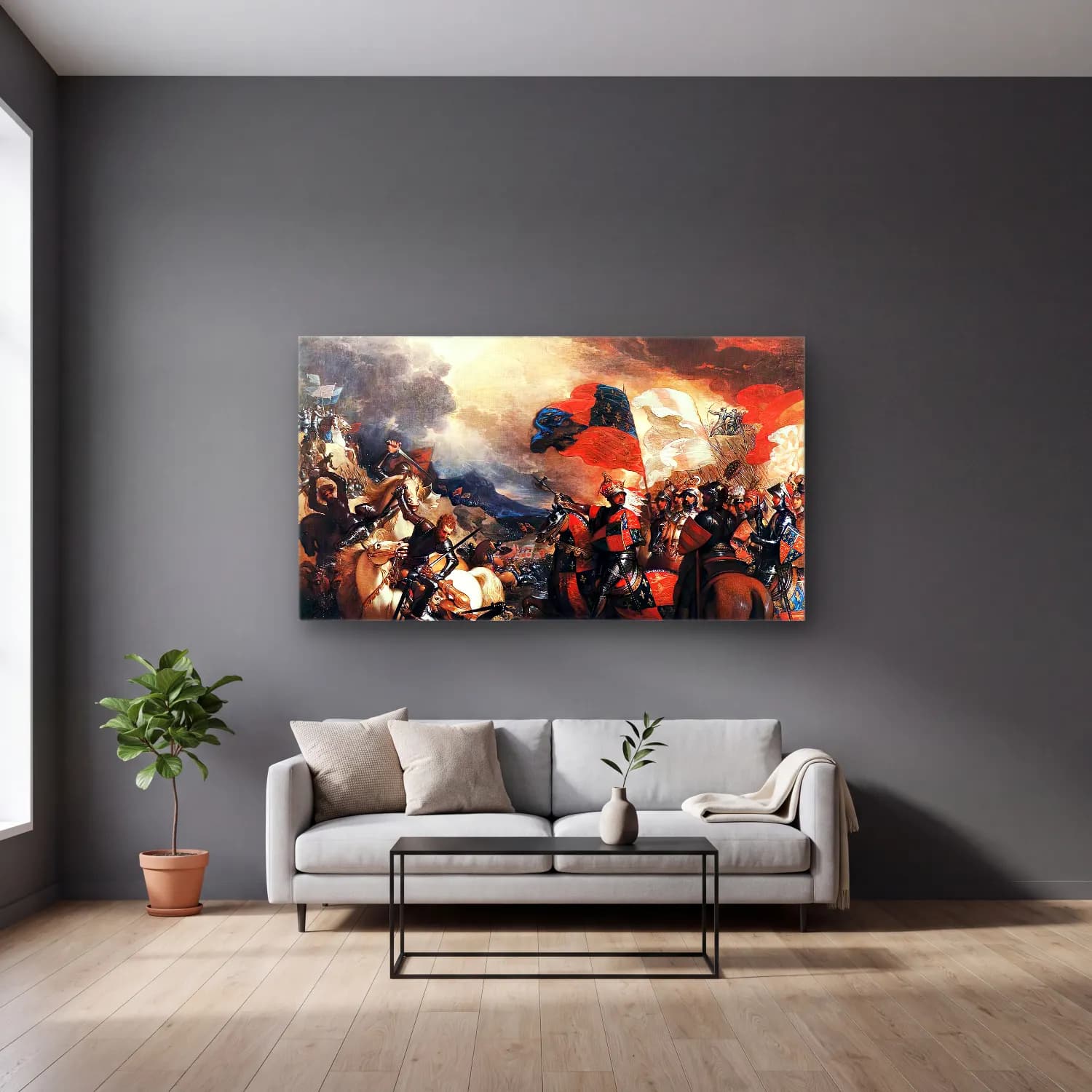 Benjamin West – Edward Iii Crossing the Somme cam tablo — gri duvarlı salonda