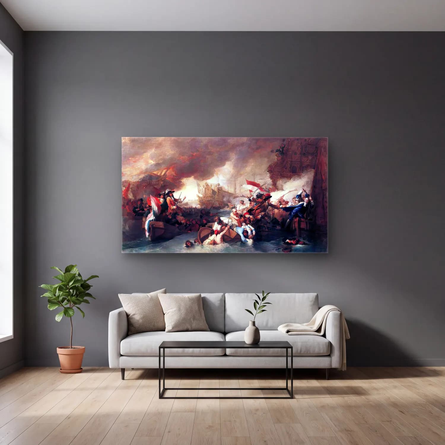 Benjamin West – The Battle of La Hogue cam tablo — gri duvarlı salonda