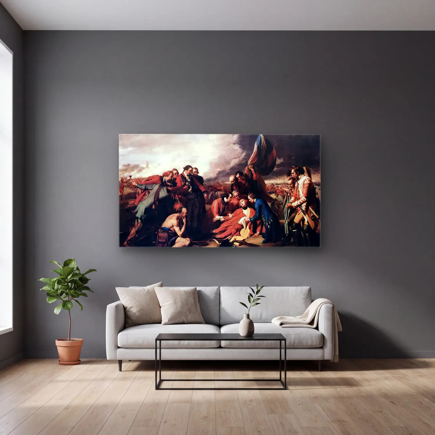 Benjamin West – The Death of General Wolfe cam tablo — gri duvarlı salonda