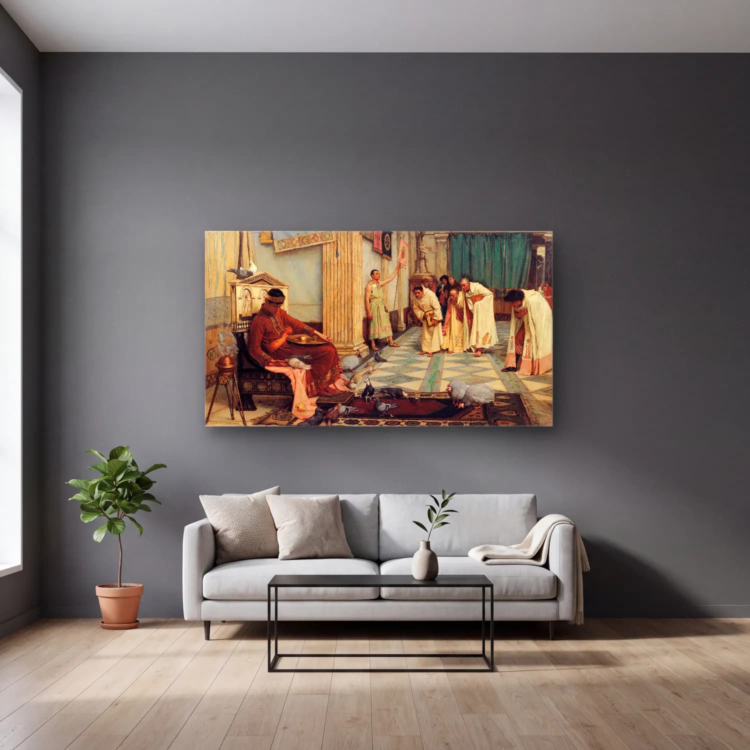 John William Waterhouse – The Favourites of the Emperor Honorius cam tablo — gri duvarlı salonda