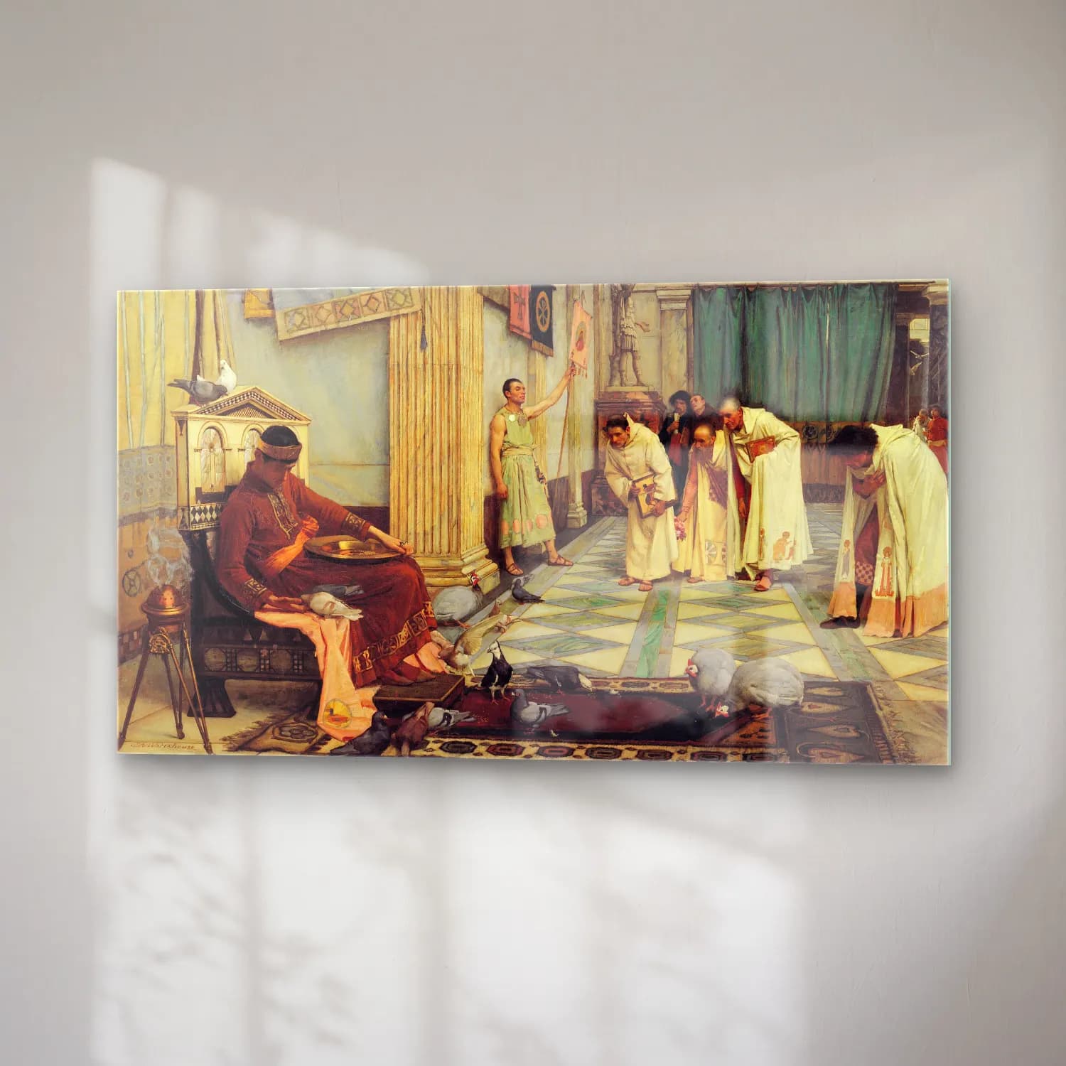John William Waterhouse – The Favourites of the Emperor Honorius cam tablo — sağ açıdan görünüm