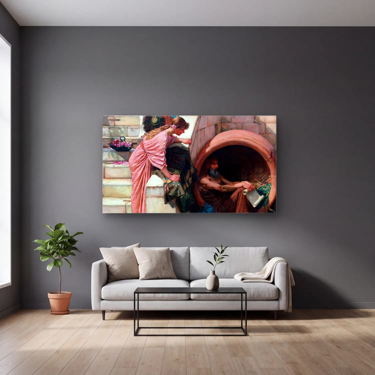 John William Waterhouse – Waterhouse-Diogenes cam tablo — gri duvarlı salonda