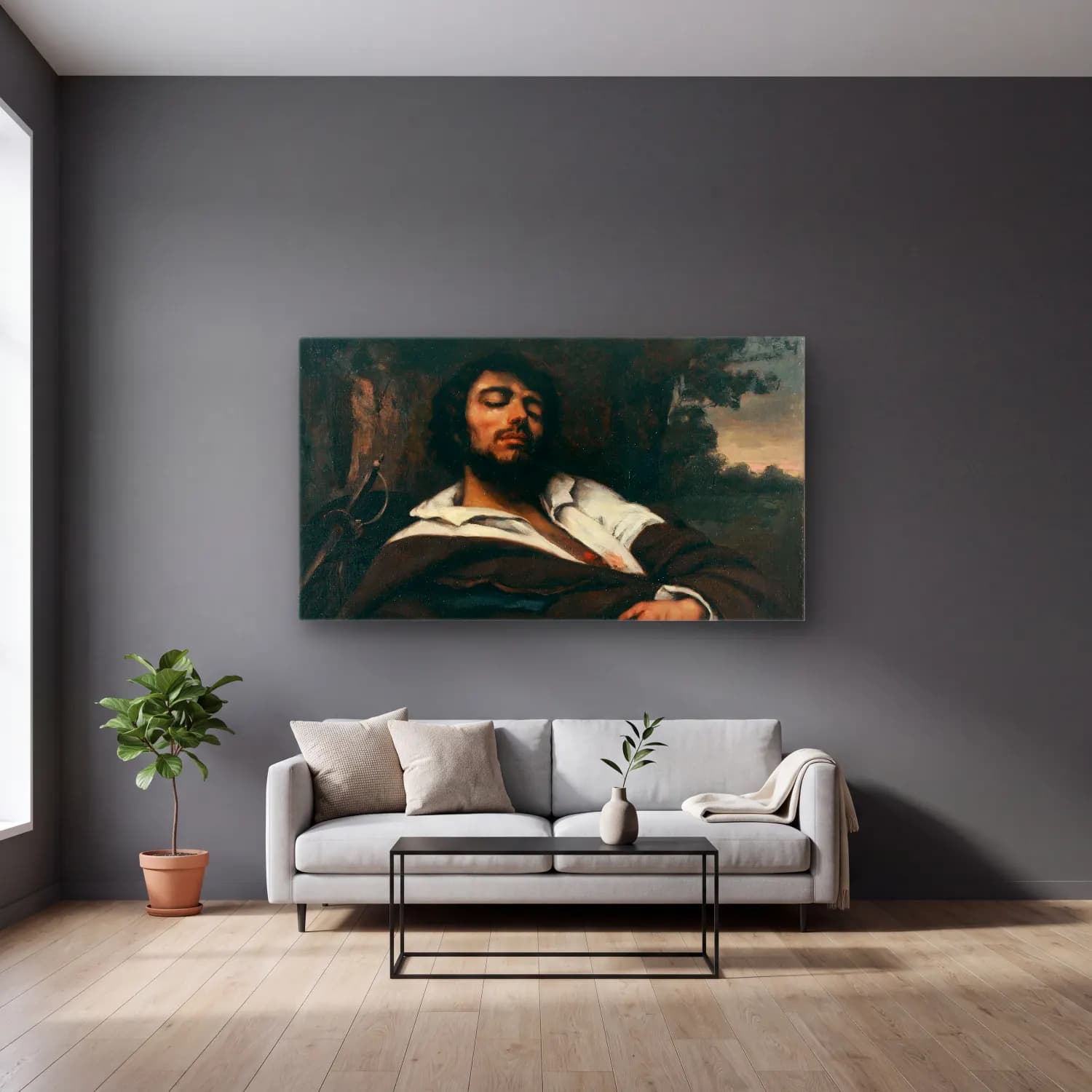 Gustave Courbet – Der Verwundete cam tablo — gri duvarlı salonda