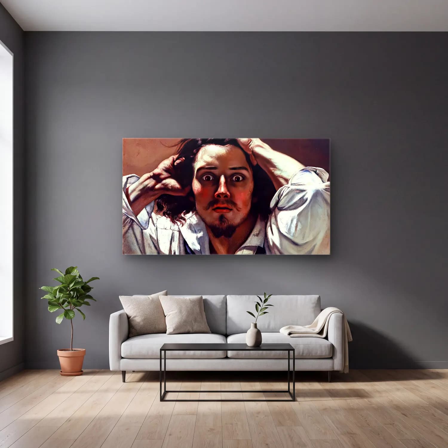 Gustave Courbet – The Desperate Man cam tablo — gri duvarlı salonda