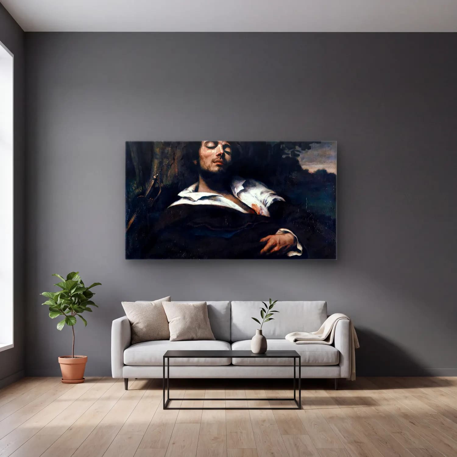 Gustave Courbet – Wounded Man cam tablo — gri duvarlı salonda