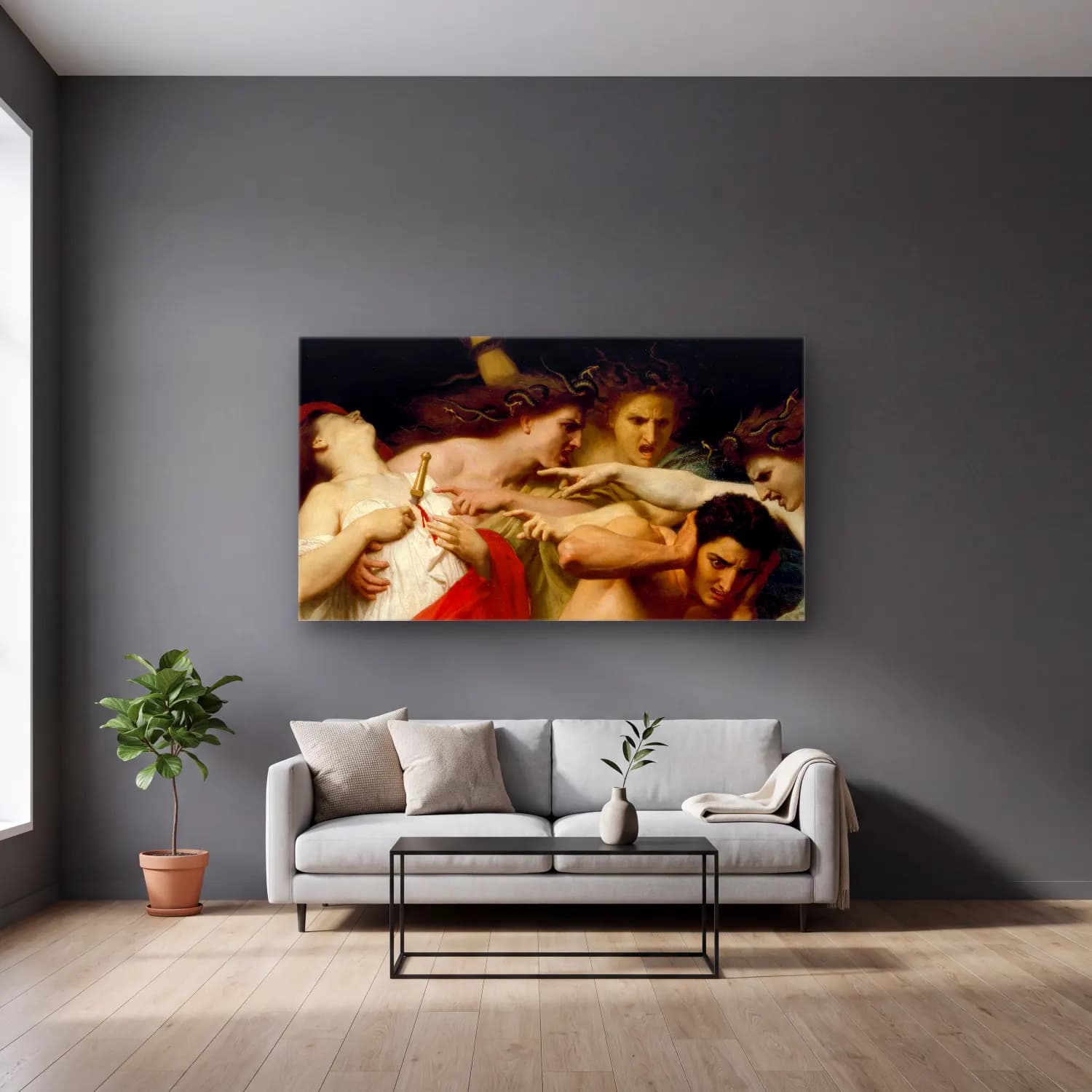 William-Adolphe Bouguereau – Orestes Pursued by the Furies cam tablo — gri duvarlı salonda