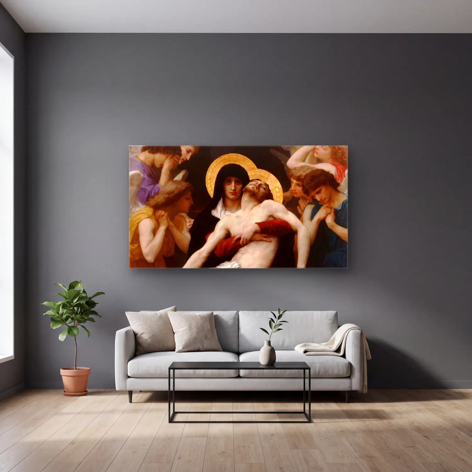 William-Adolphe Bouguereau – Pieta cam tablo — gri duvarlı salonda