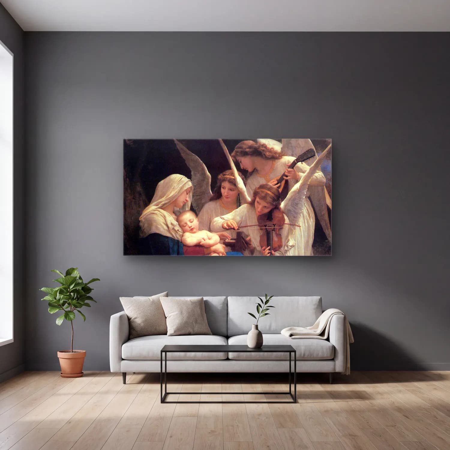 William-Adolphe Bouguereau – Song of the Angels cam tablo — gri duvarlı salonda