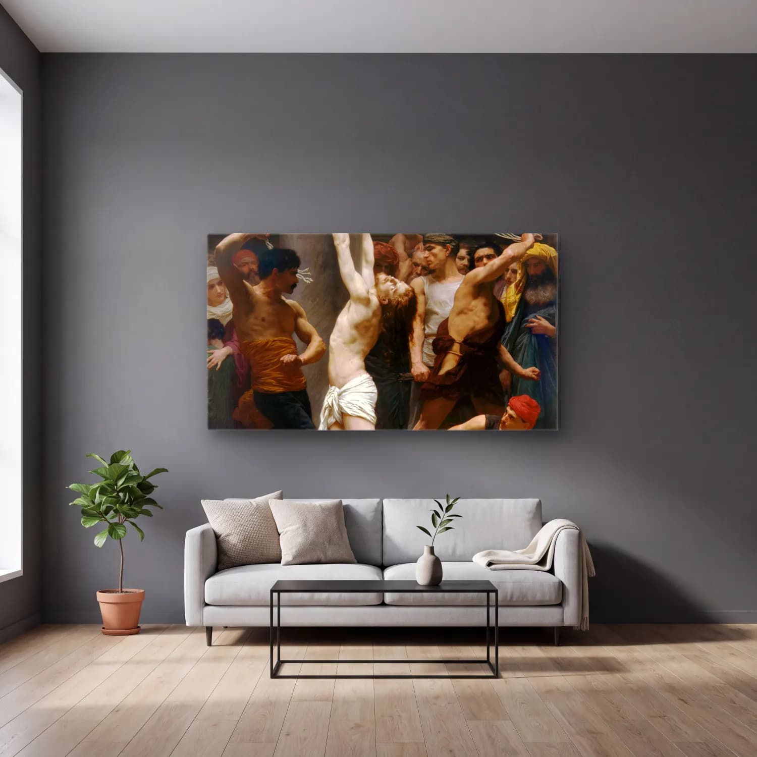 William-Adolphe Bouguereau – The Flagellation of Our Lord Jesus Christ cam tablo — gri duvarlı salonda