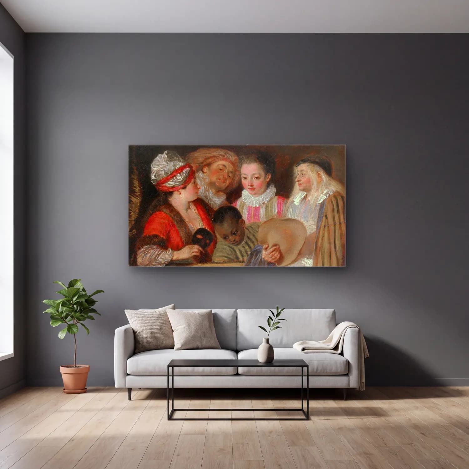 Antoine Watteau – Actors of the Comedie-Francaise cam tablo — gri duvarlı salonda