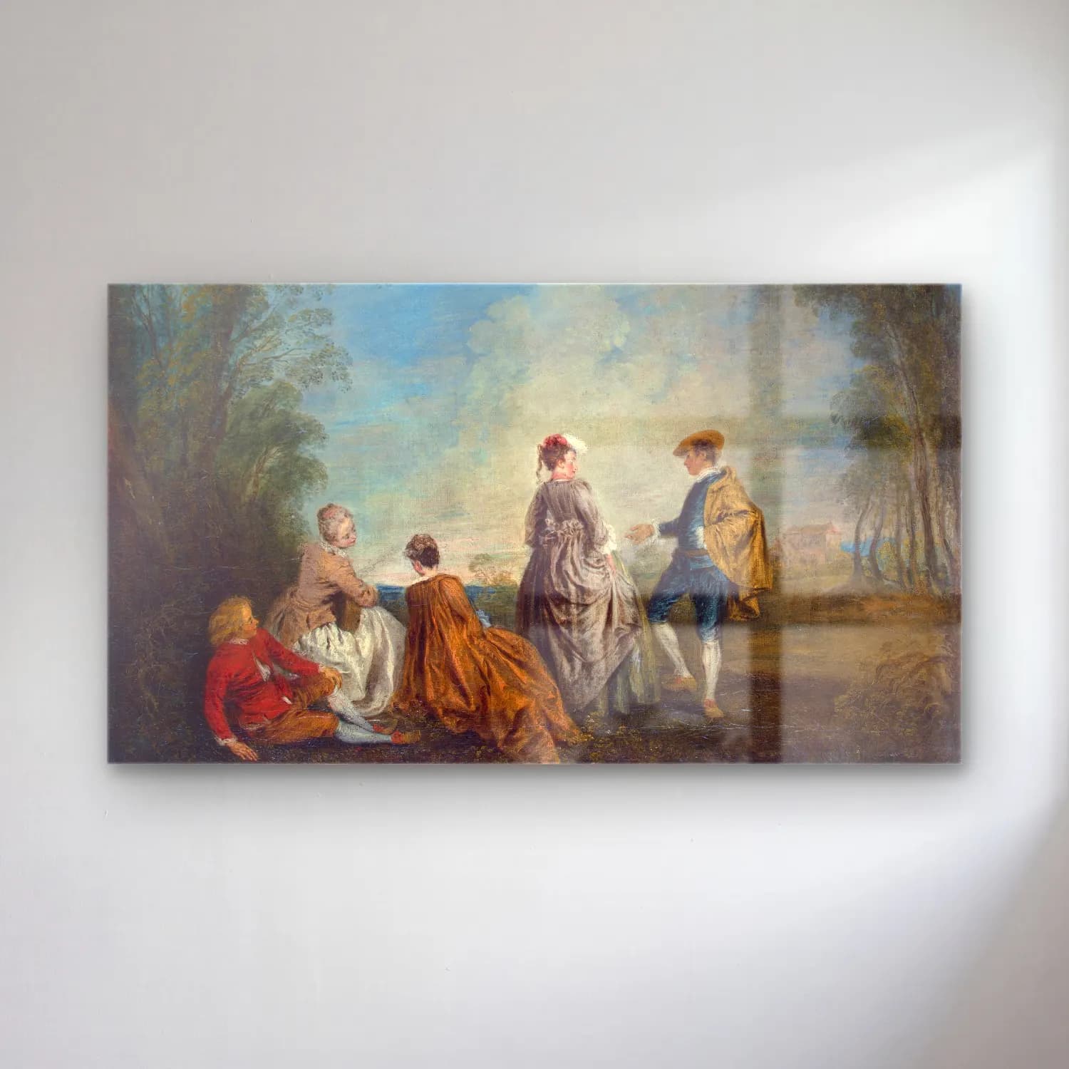 Antoine Watteau – Der verlegene Antrag cam tablo — Antoine Watteau – Der verlegene Antrag — yağlı boya sahilde i̇nsanlar