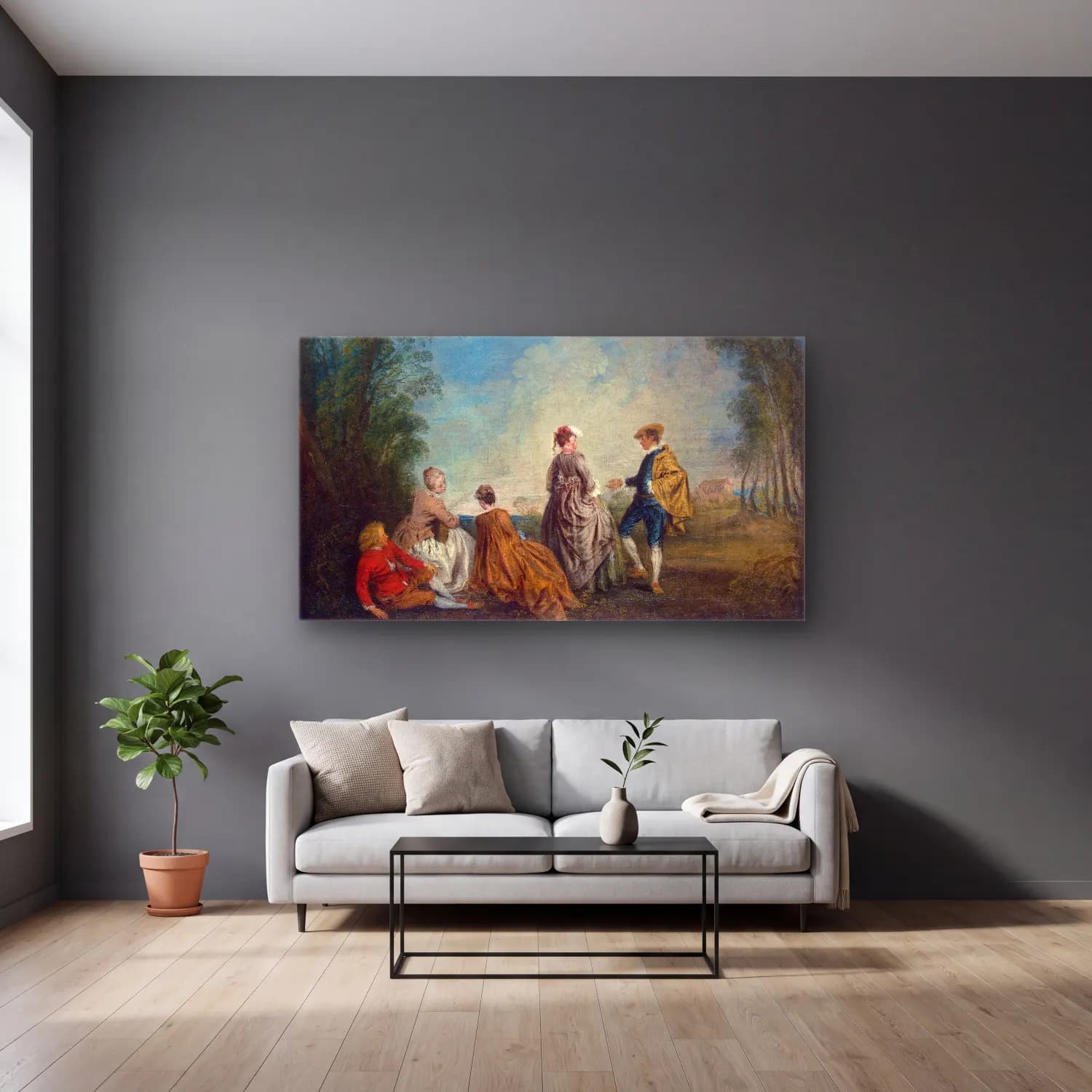 Antoine Watteau – Der verlegene Antrag cam tablo — gri duvarlı salonda