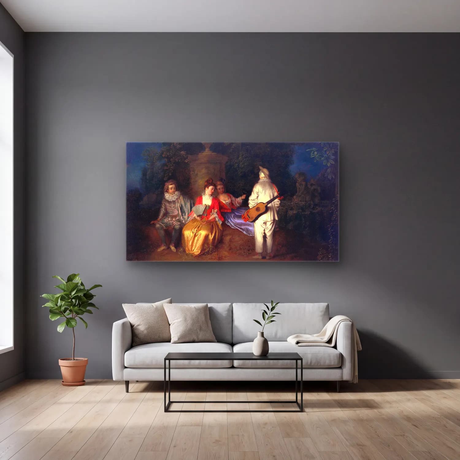 Antoine Watteau – Eine Partie zu Viert cam tablo — gri duvarlı salonda
