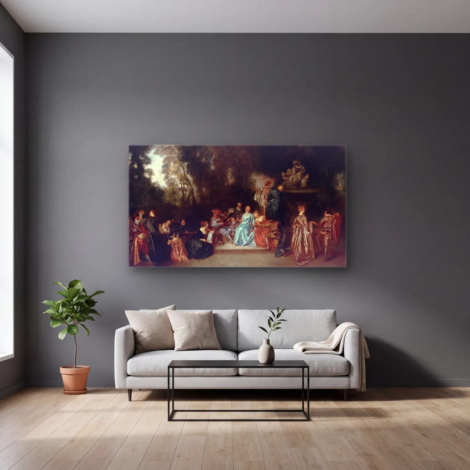 Antoine Watteau – Entertainment in the Open Air cam tablo — gri duvarlı salonda