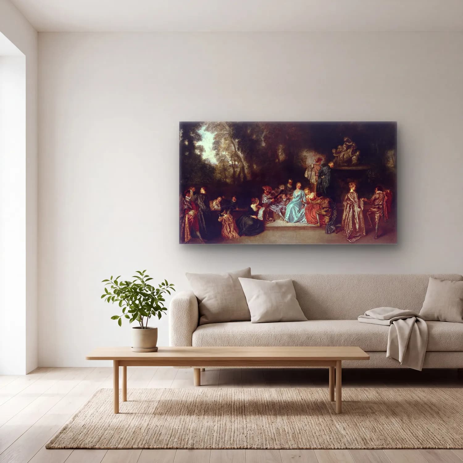 Antoine Watteau – Entertainment in the Open Air cam tablo — açık renk salonda