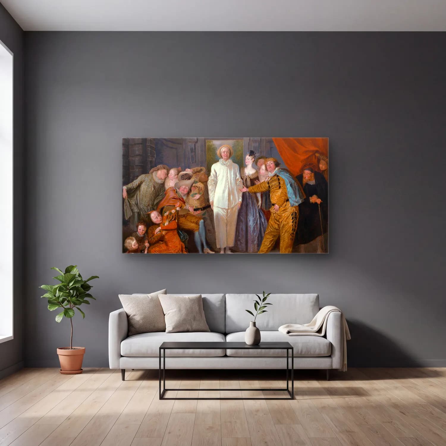 Antoine Watteau – Italienische Komödianten cam tablo — gri duvarlı salonda