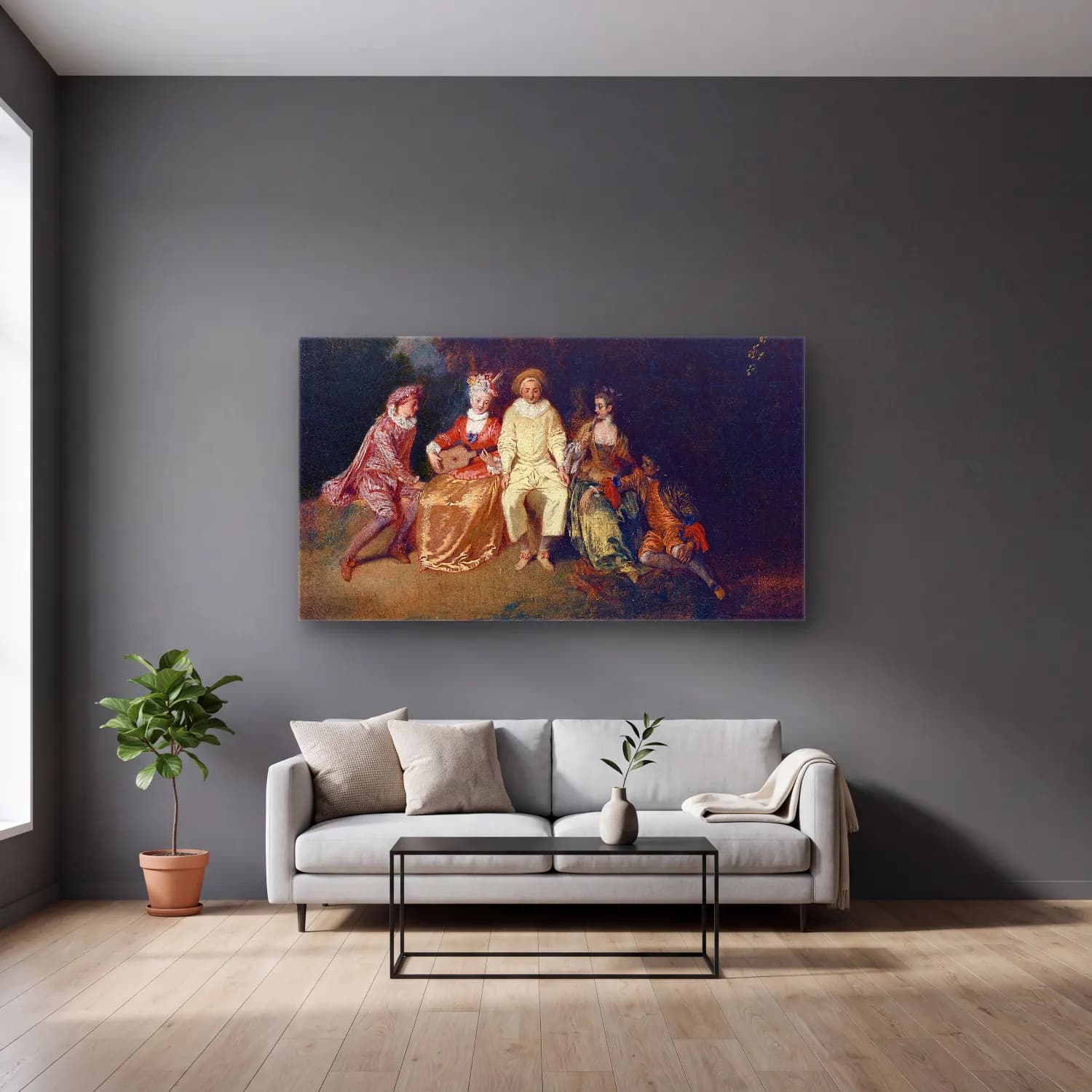 Antoine Watteau – Pierrot Content cam tablo — gri duvarlı salonda