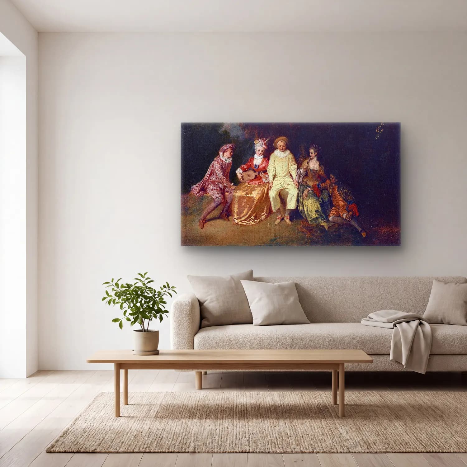 Antoine Watteau – Pierrot Content cam tablo — açık renk salonda