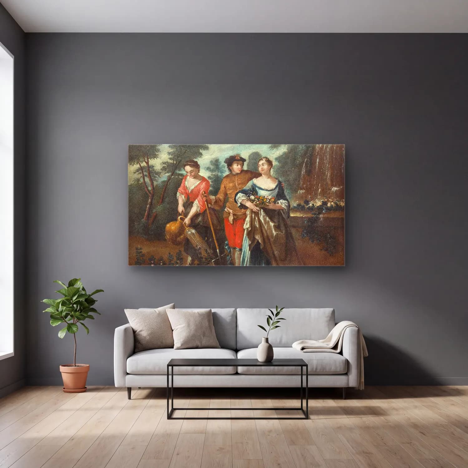 Antoine Watteau – Schule Adeliges Liebes-Paar cam tablo — gri duvarlı salonda