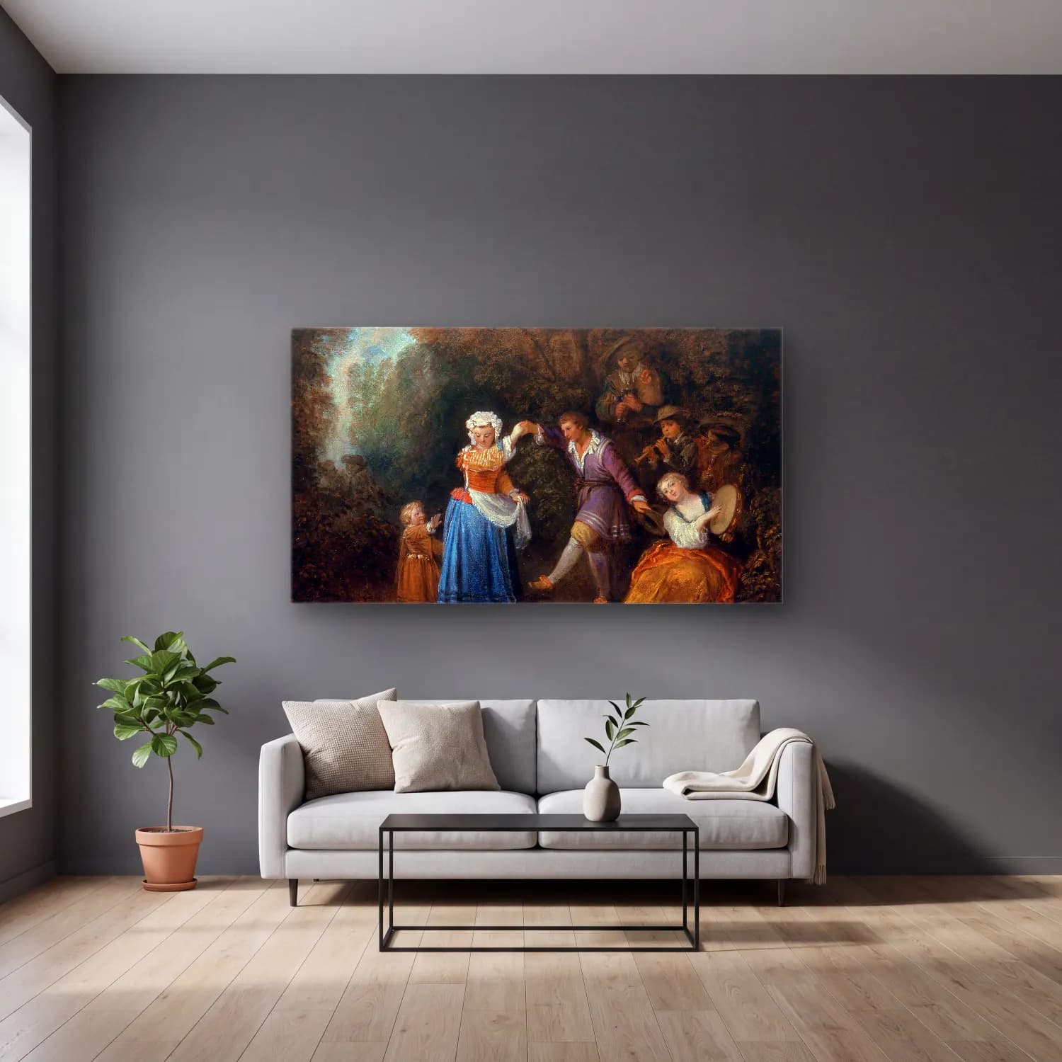 Antoine Watteau – The Country Dance cam tablo — gri duvarlı salonda