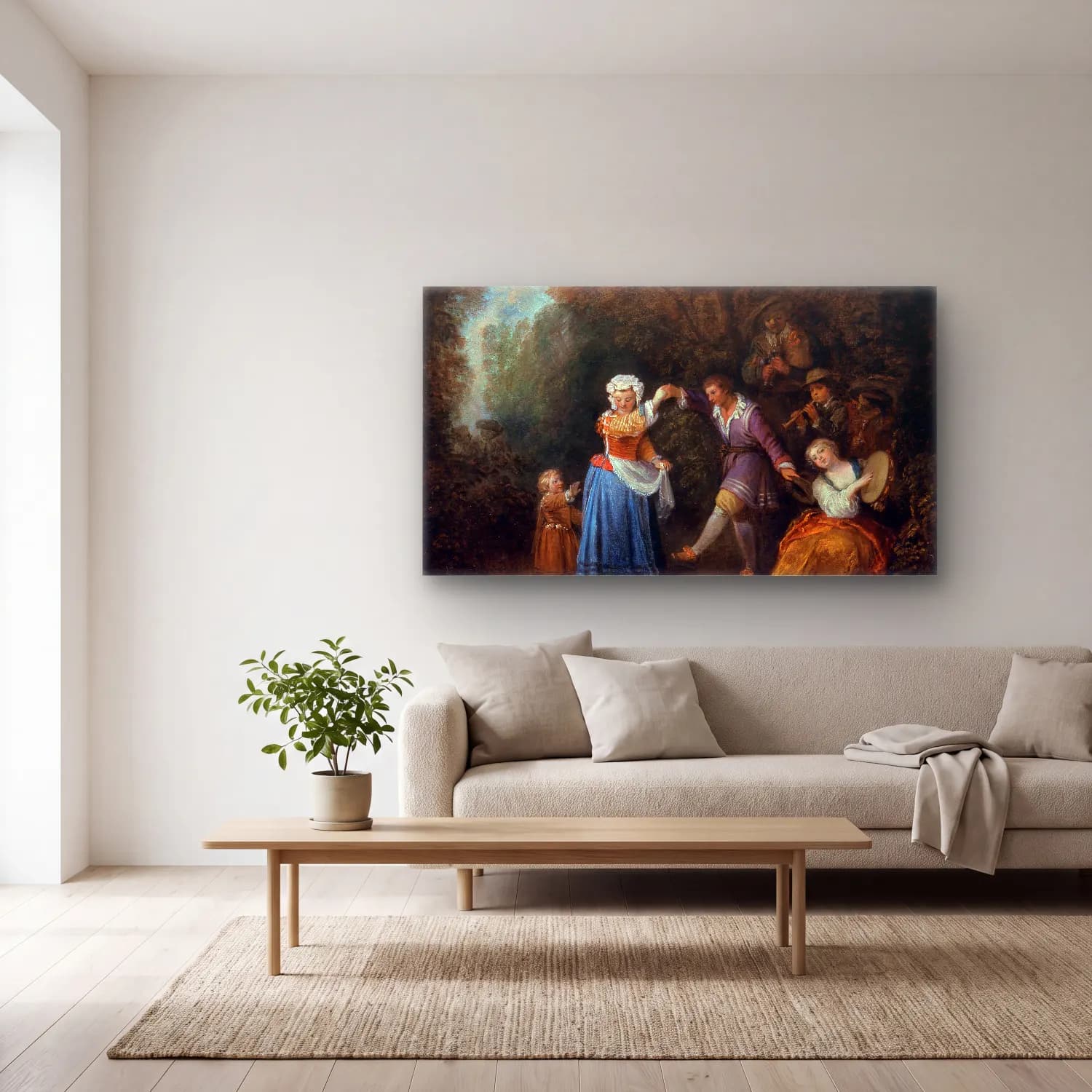 Antoine Watteau – The Country Dance cam tablo — açık renk salonda