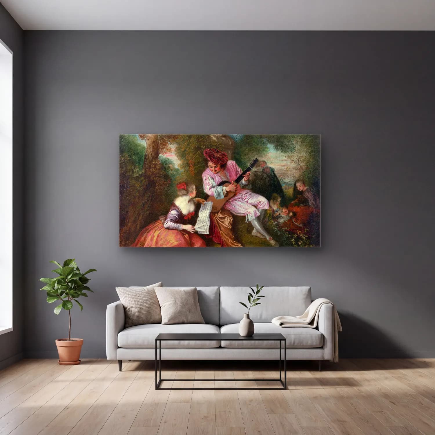 Antoine Watteau – The Scale of Love cam tablo — gri duvarlı salonda