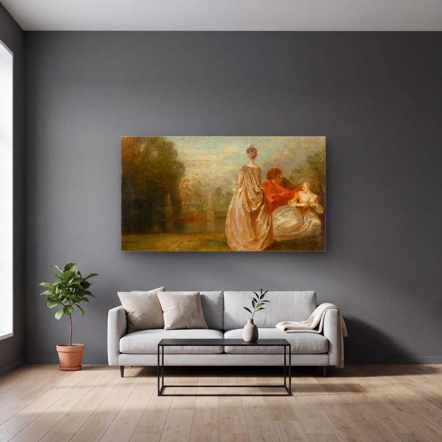 Antoine Watteau – The two cousins cam tablo — gri duvarlı salonda