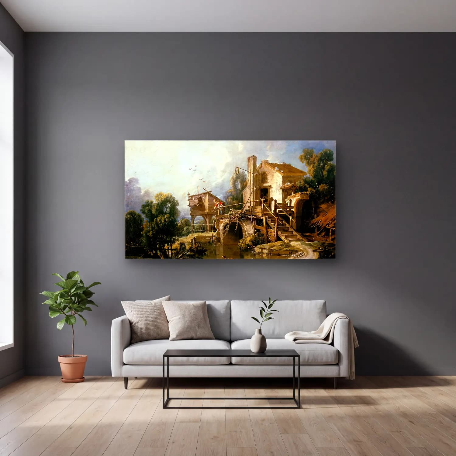 François Boucher – The Mill at Charenton cam tablo — gri duvarlı salonda
