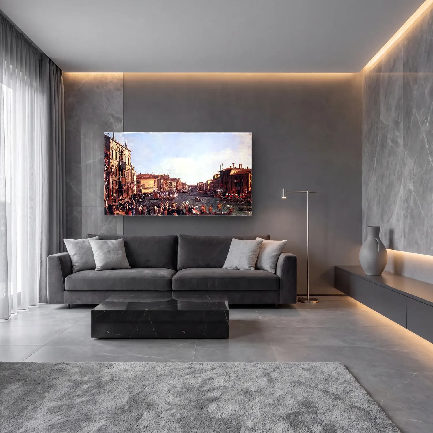 Yağlı Boya Venedik Kanalları – Siyah Beyaz Tonlar cam tablo — lüks salon duvarında