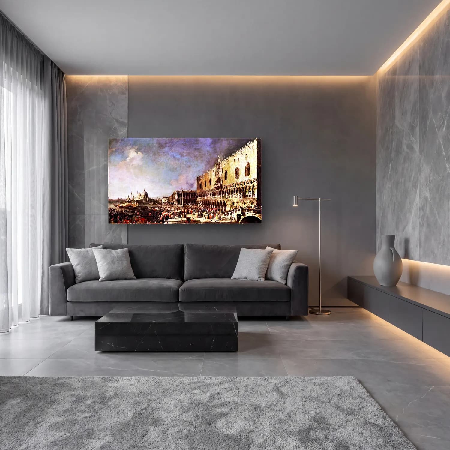 Yağlı Boya Kalabalık Cadde No. 9 cam tablo — lüks salon duvarında