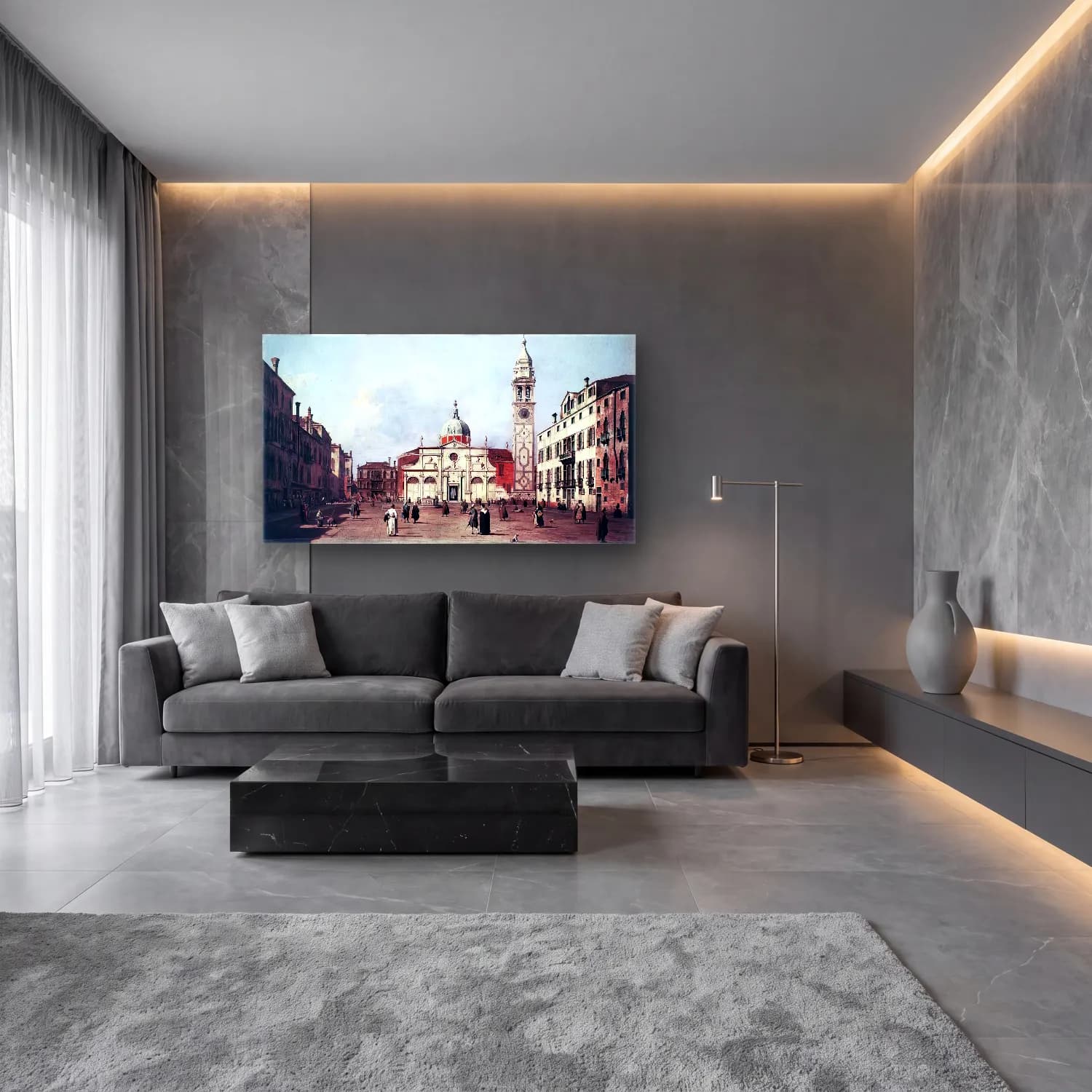 Yağlı Boya Katedral – Siyah Beyaz Tonlar cam tablo — lüks salon duvarında