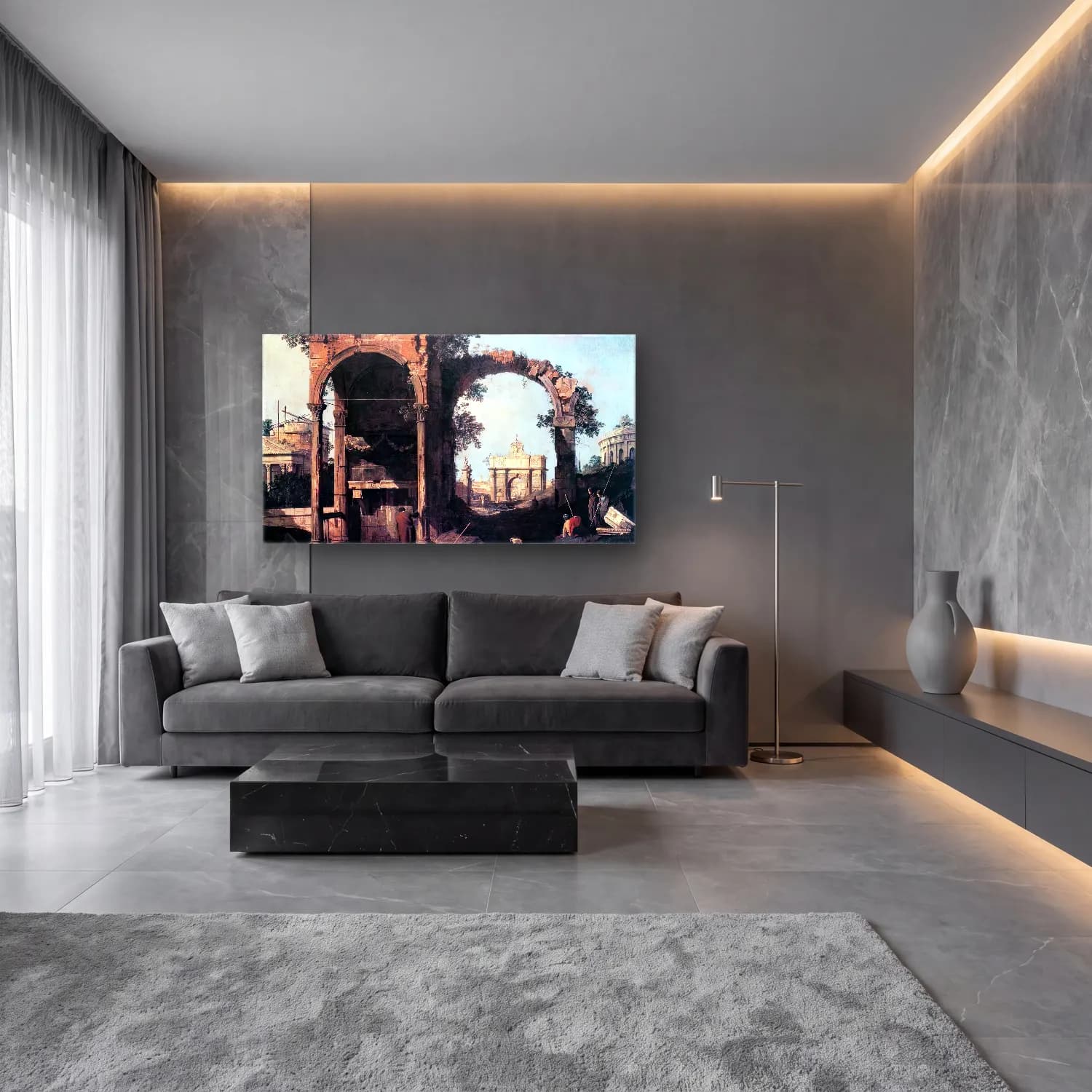 Yağlı Boya Roma – Siyah Beyaz Tonlar cam tablo — lüks salon duvarında