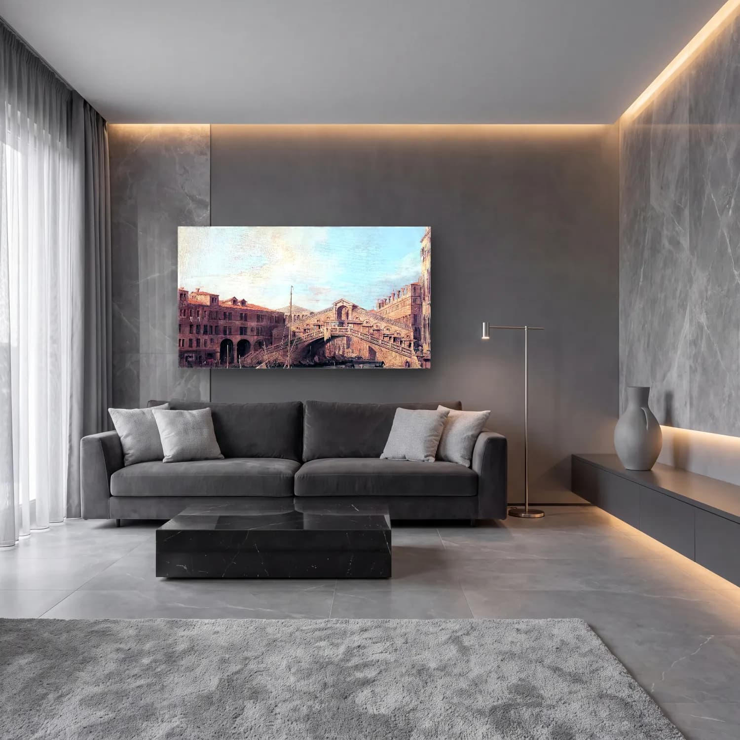 Yağlı Boya Venedik Kanalları – Pastel Tonlar cam tablo — lüks salon duvarında