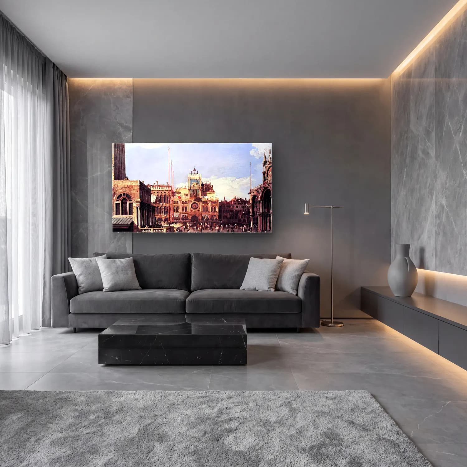 Suluboya Roma cam tablo — lüks salon duvarında