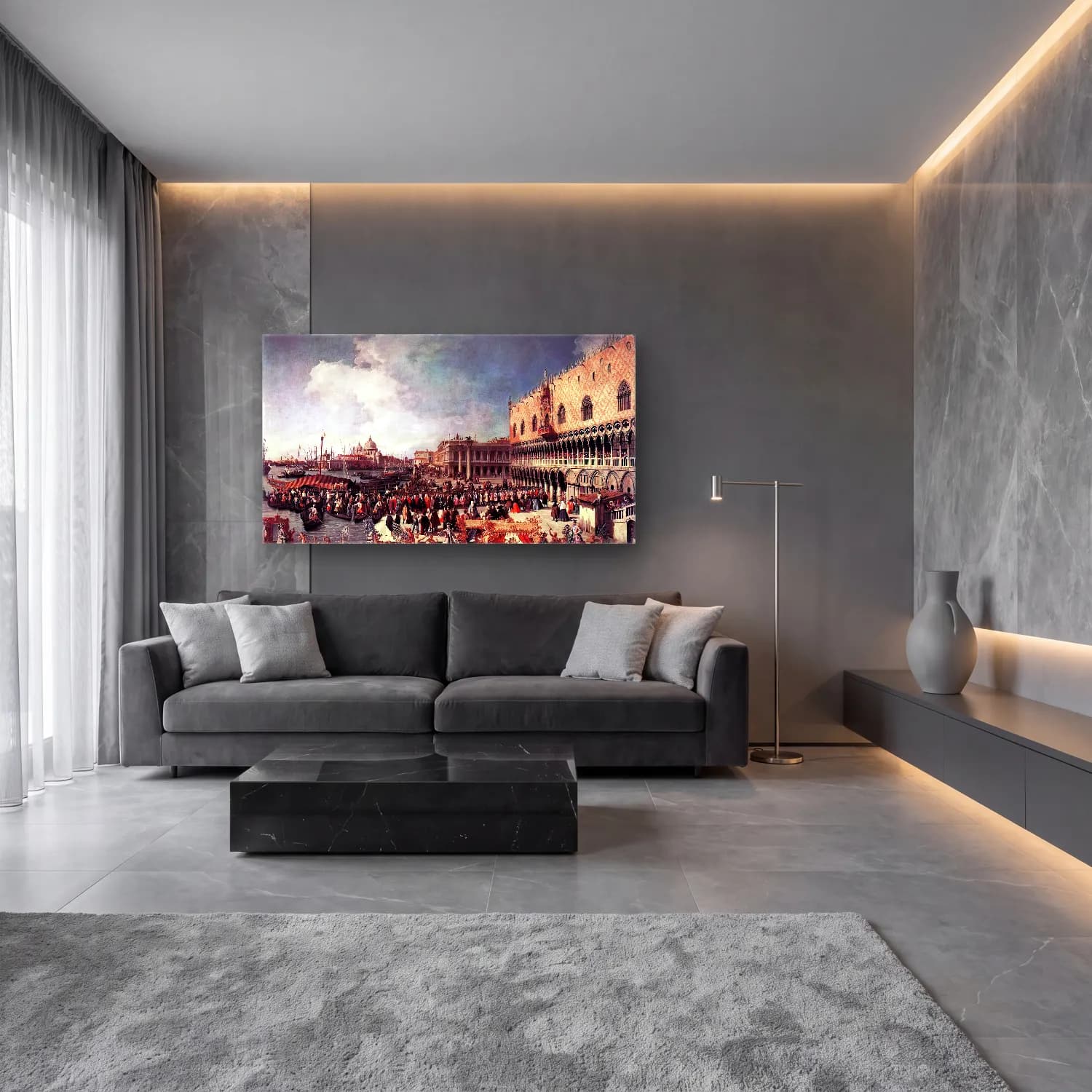 Yağlı Boya Kalabalık Cadde – Kırmızı Tonlar cam tablo — lüks salon duvarında