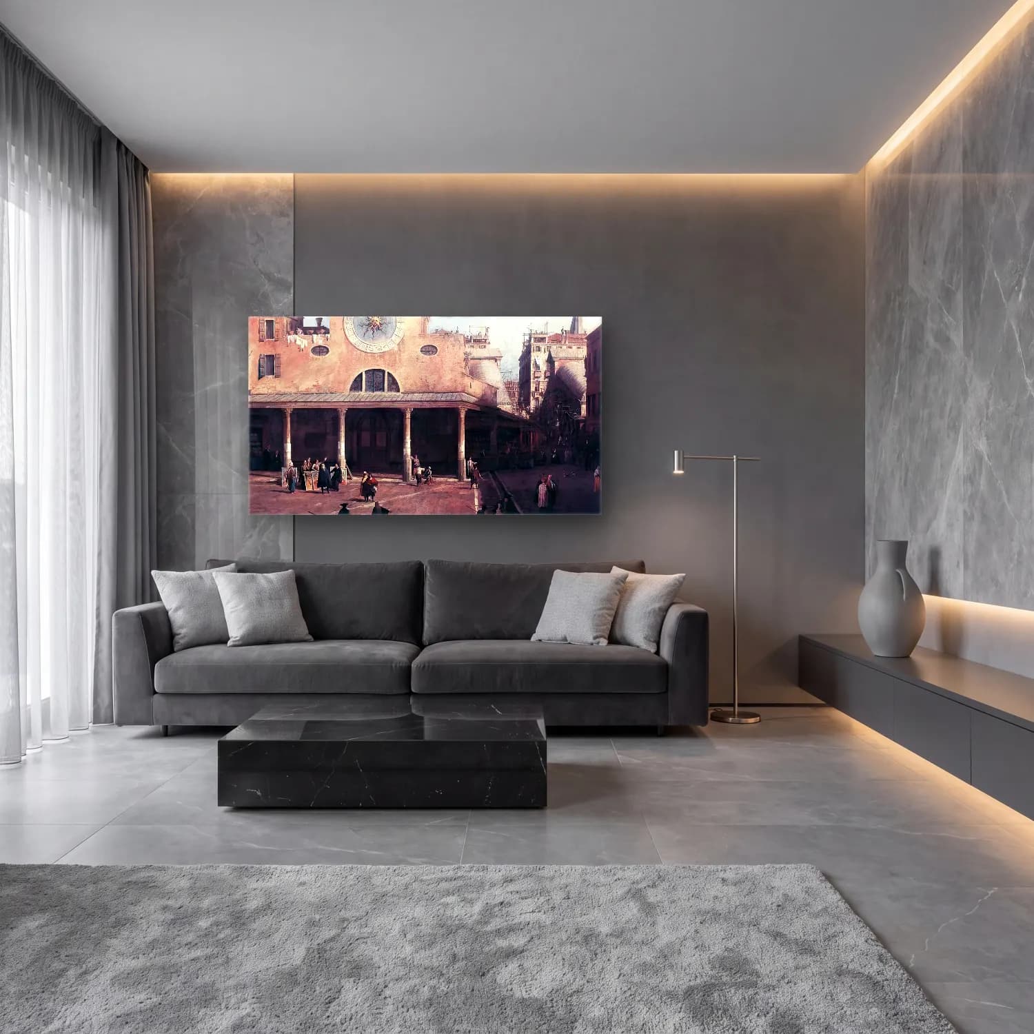 Suluboya Roma – Siyah Beyaz Tonlar cam tablo — lüks salon duvarında
