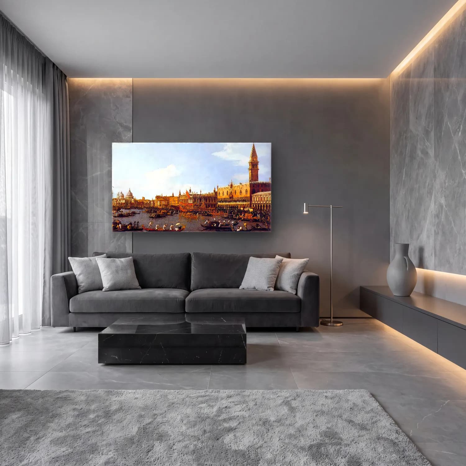 Yağlı Boya Çiçek Pazarı – Sarı Tonlar cam tablo — lüks salon duvarında